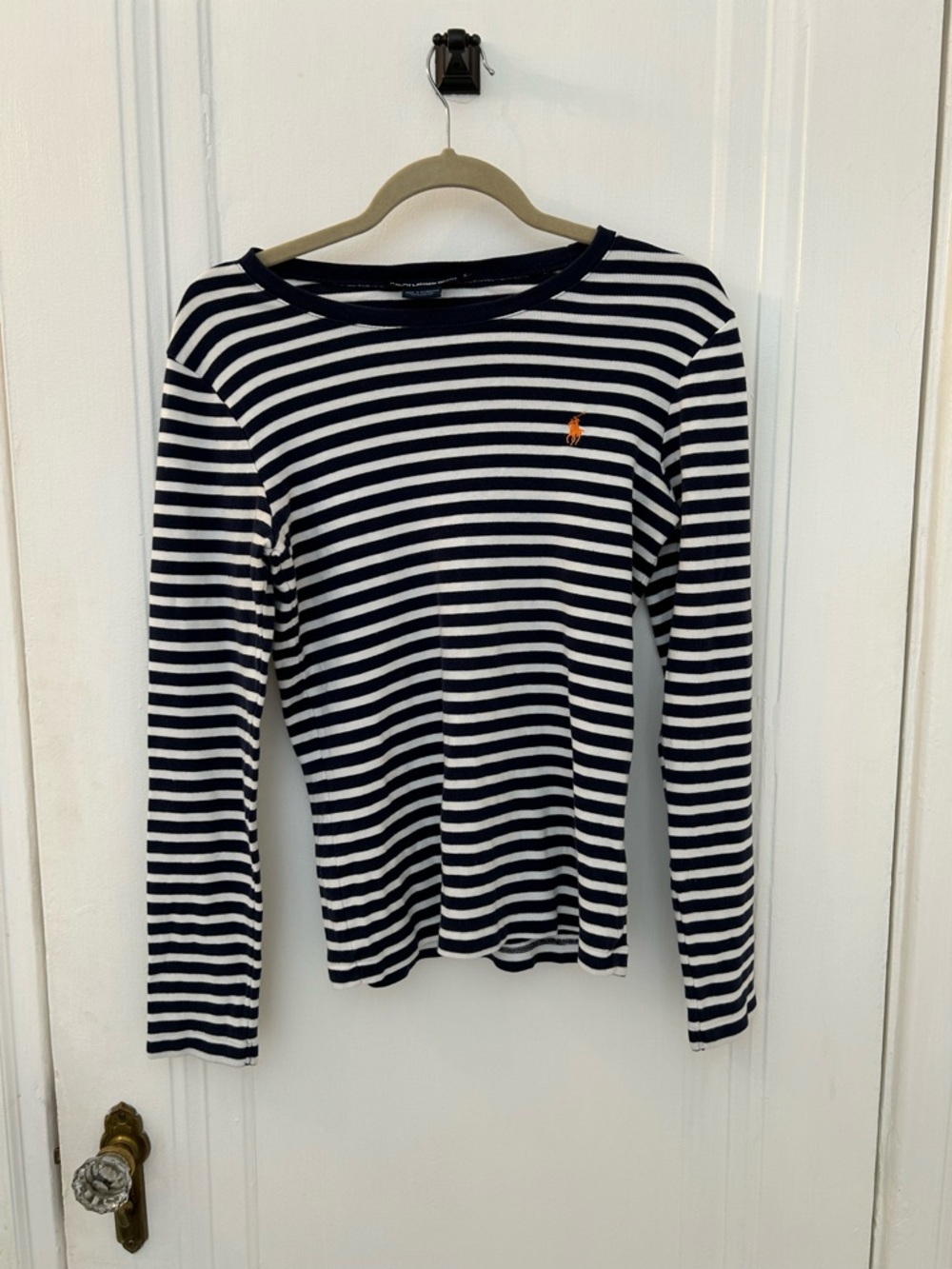 Ralph Lauren Navy & White Striped Long-Sleeve Top with Orange Polo Emblem